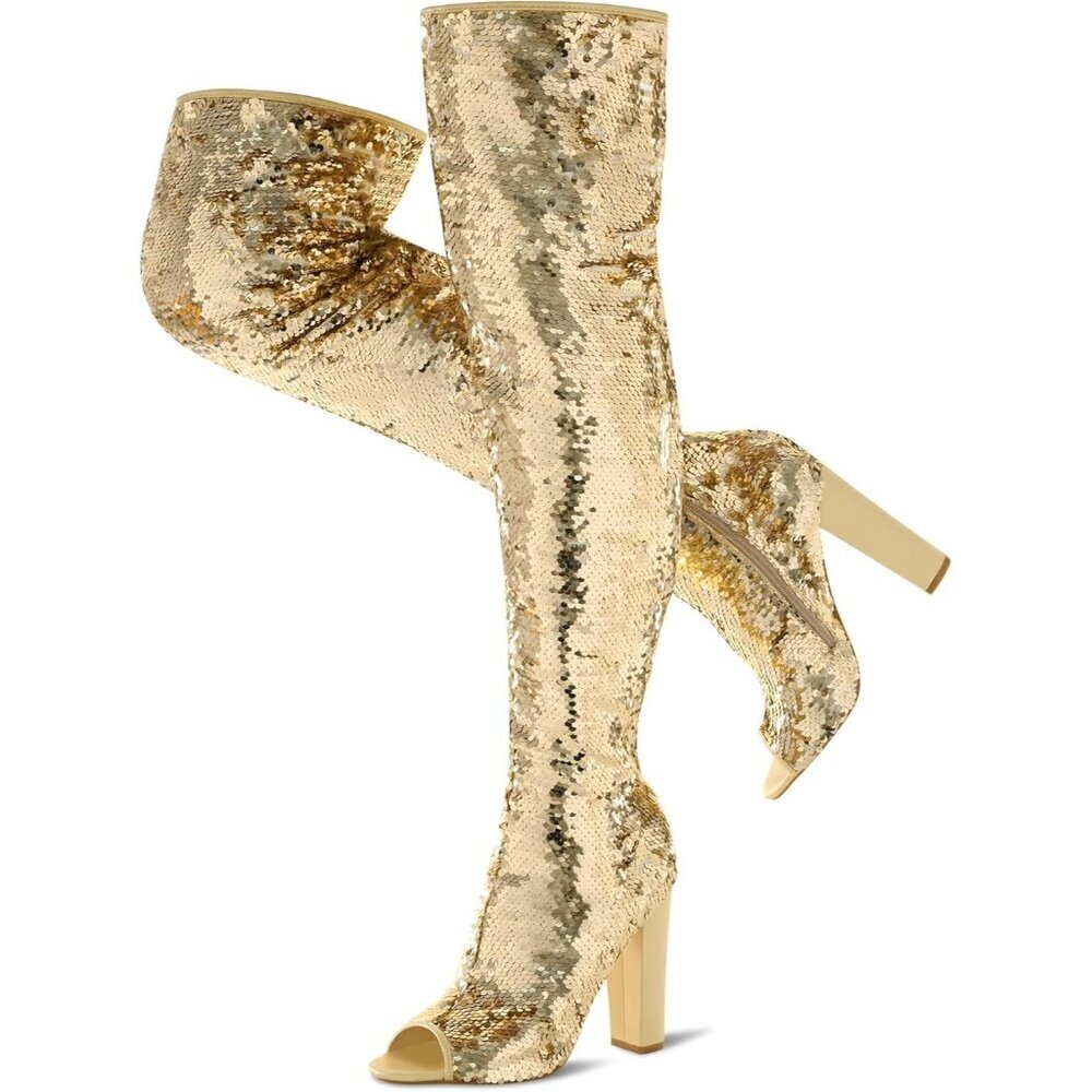 Women Gold Sequin Over The Knee High Party Prom Open Toe Chunky High Heel Boot